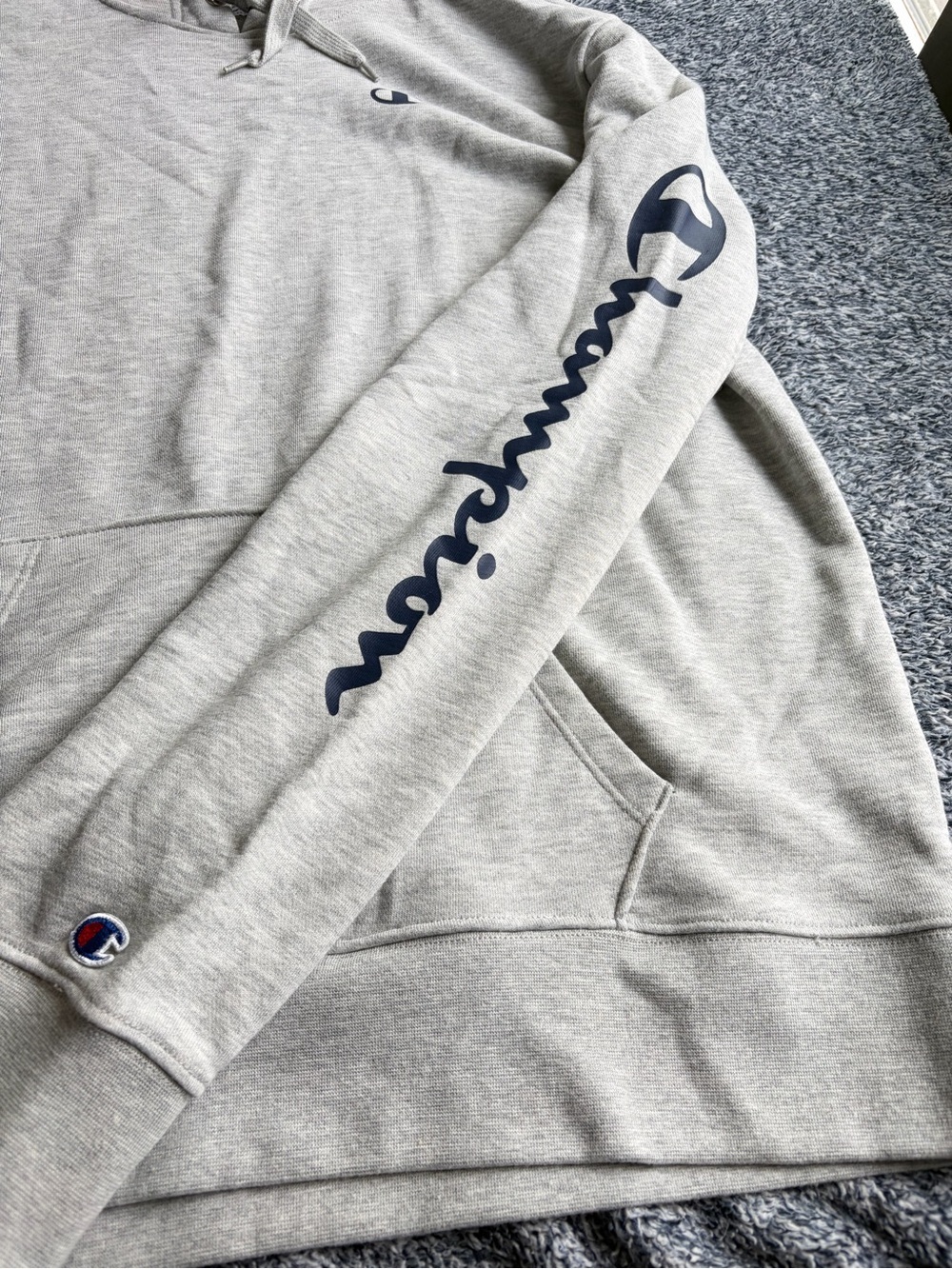 Champion Light Grey Hoodie with Navy Script Sleeve - Picture 7 of 12
